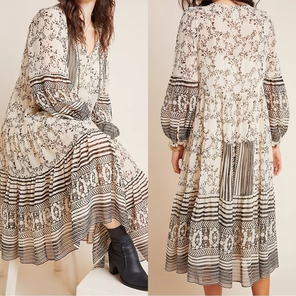 Talulah Tiered Midi Dress in Ivory Black Anthropologie Size Small - Picture 2 of 10